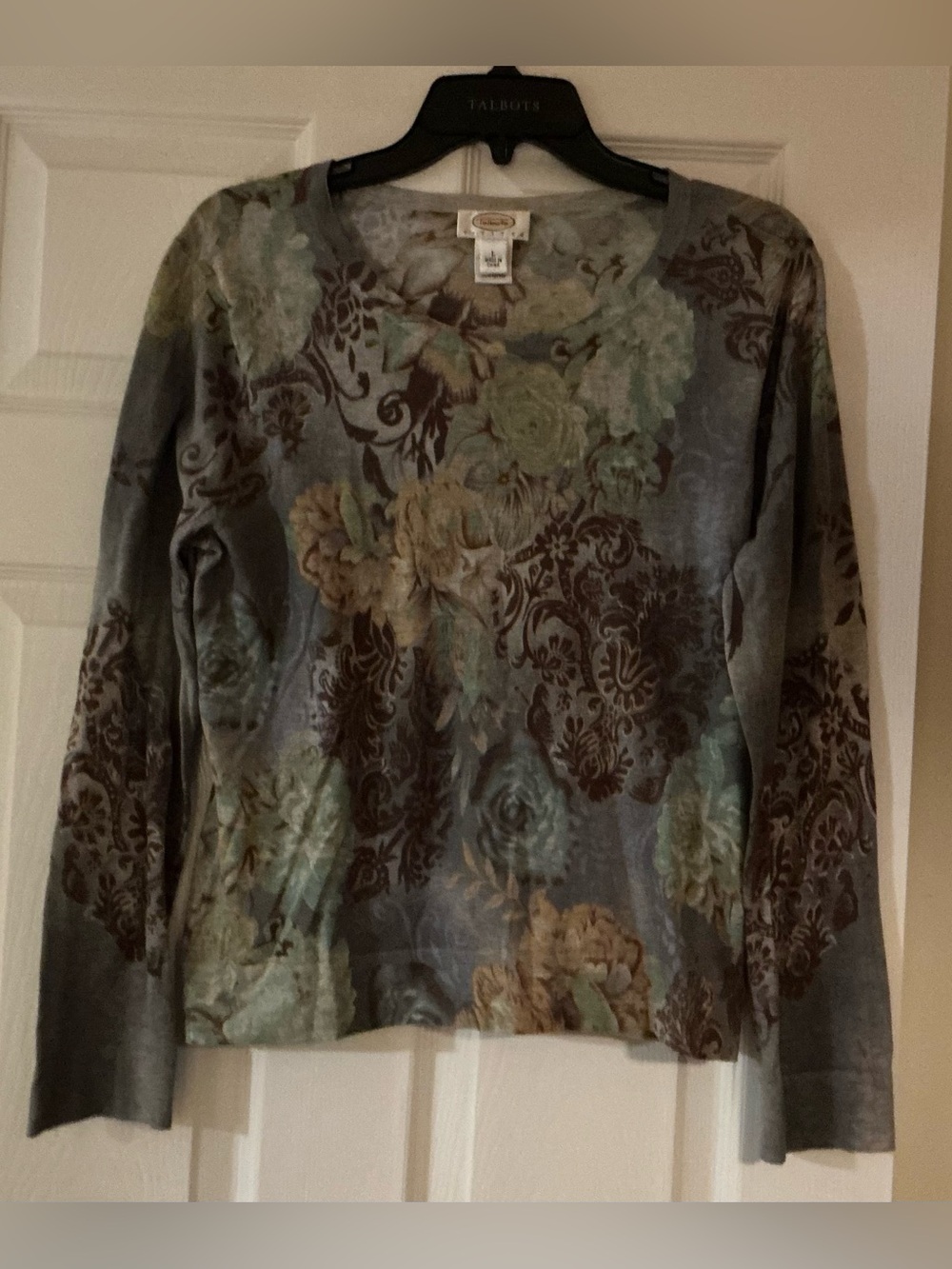 Talbots Gray Floral Print Long-Sleeve Top